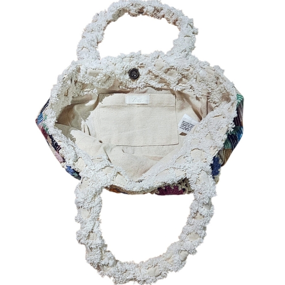 Zara Bohemian Bright Floral Embroidered Crochet Bag Faux Fur Fringe Handles - Picture 6 of 8